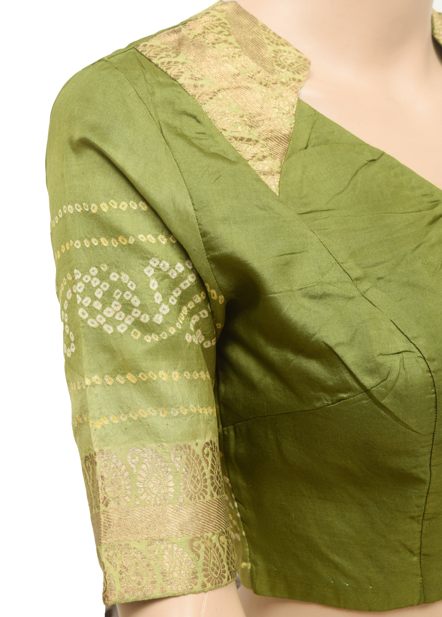Sushila Vintage Green Silk Stitched Sari Blouse Bandhani & Woven Designer Top 32"