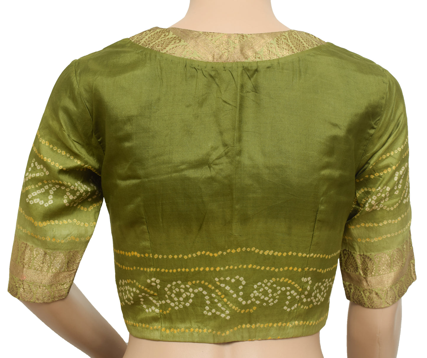 Sushila Vintage Green Silk Stitched Sari Blouse Bandhani & Woven Designer Top 32"