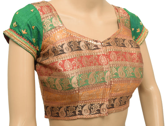 Sushila Vintage Stitched Multi-Color Zari Brocade Sari Blouse Designer Silk Top 32"