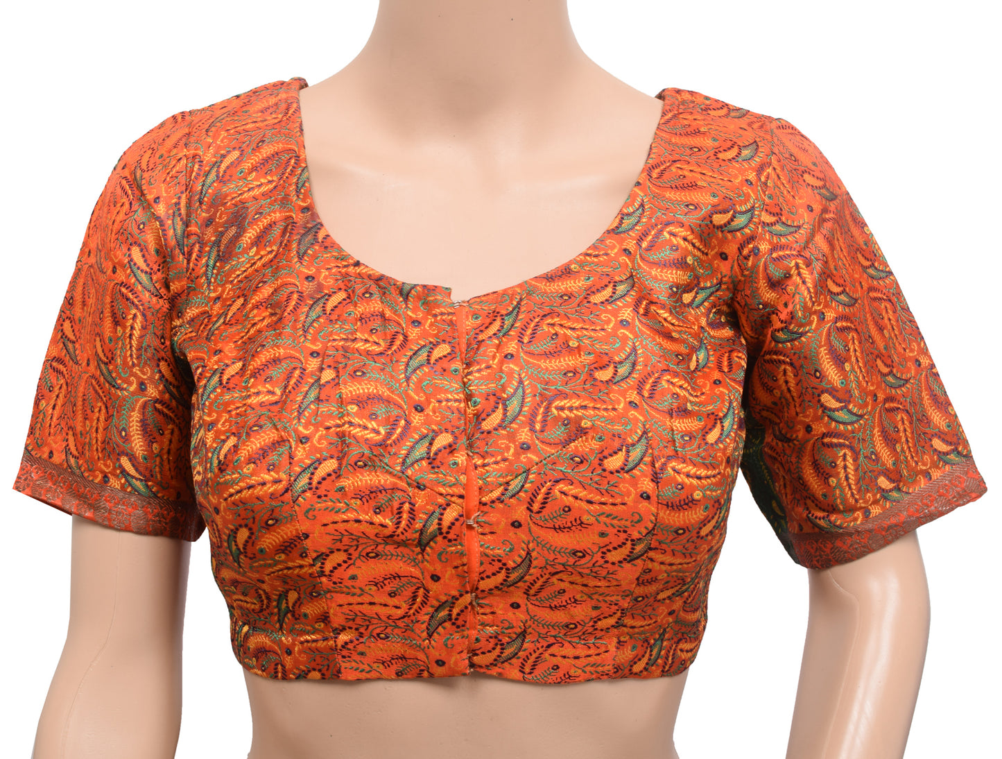 Sushila Vintage Orange Stitched Banarasi Sari Blouse Satin Silk Woven Choli Top 34"