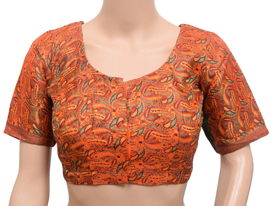 Sushila Vintage Orange Stitched Banarasi Sari Blouse Satin Silk Woven Choli Top 34"
