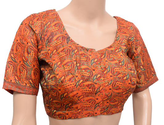 Sushila Vintage Orange Stitched Banarasi Sari Blouse Satin Silk Woven Choli Top 34"