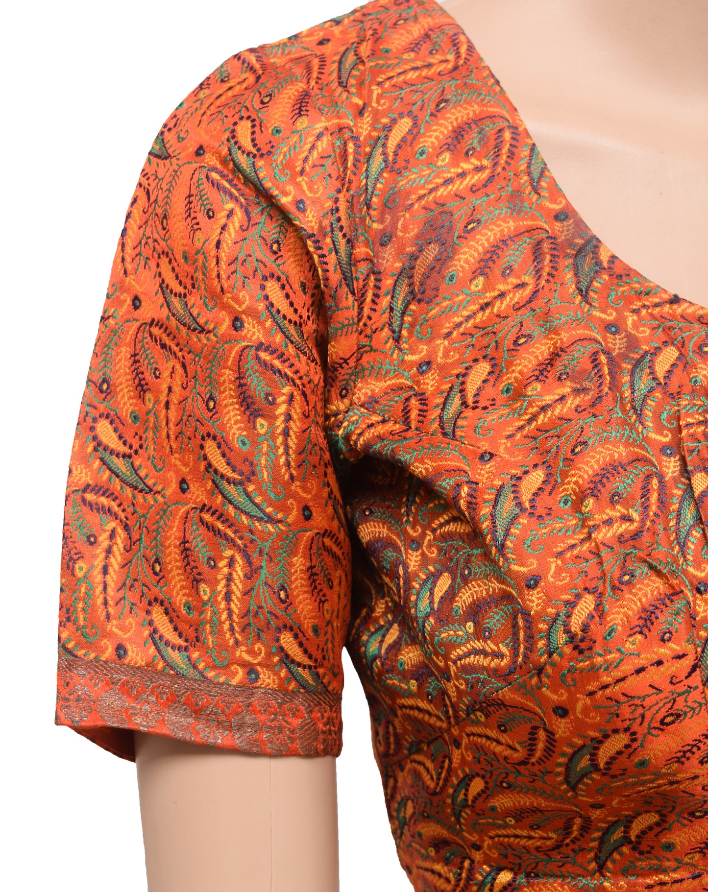 Sushila Vintage Orange Stitched Banarasi Sari Blouse Satin Silk Woven Choli Top 34"