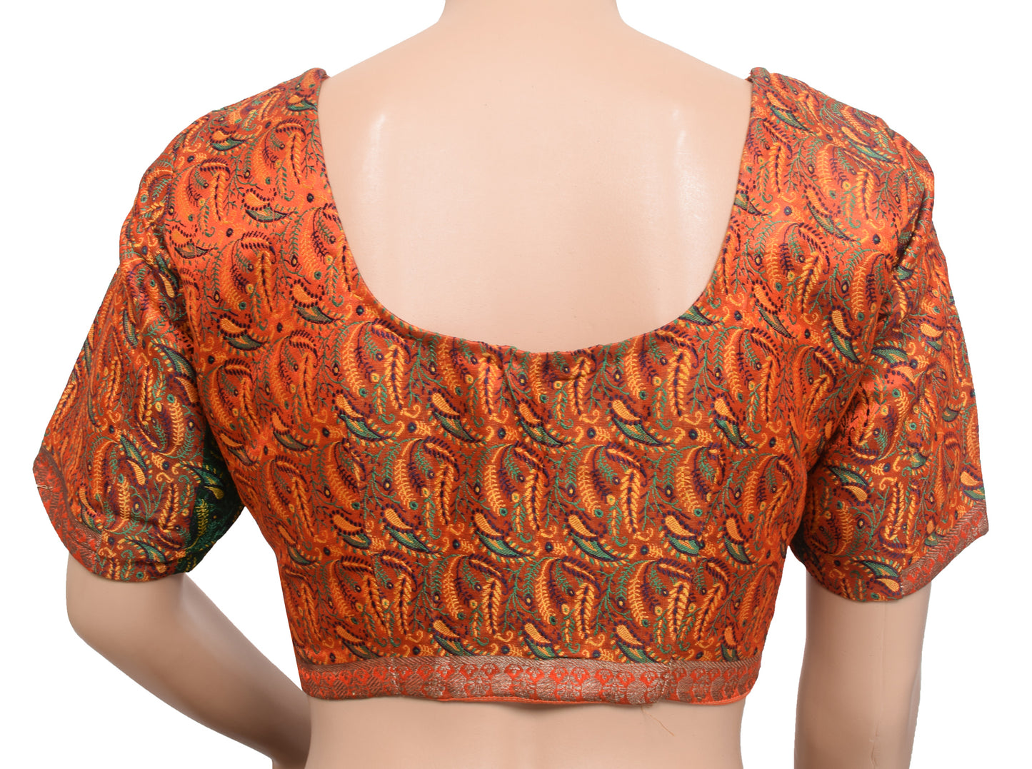 Sushila Vintage Orange Stitched Banarasi Sari Blouse Satin Silk Woven Choli Top 34"