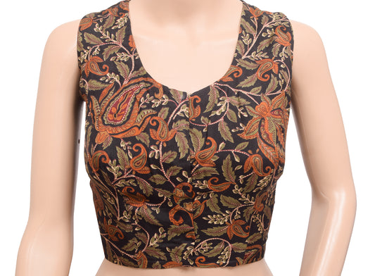 Sushila Vintage Stitched Sari Blouse Black Sleeveless Printed Designer Silk Top 42"