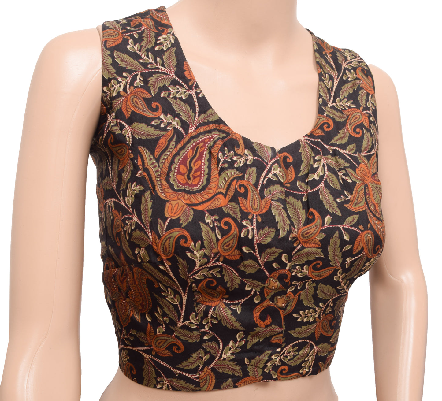 Sushila Vintage Stitched Sari Blouse Black Sleeveless Printed Designer Silk Top 42"