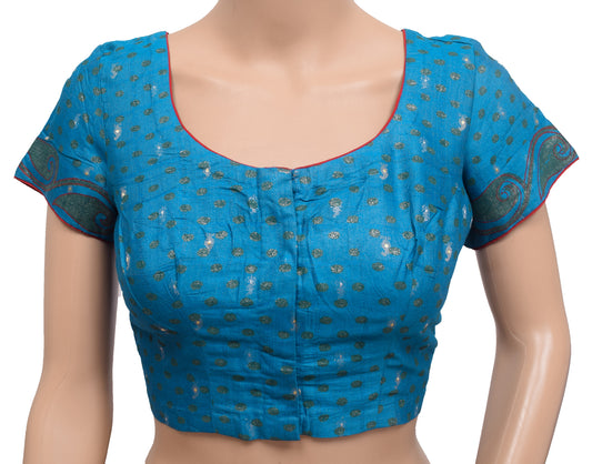 Sushila Vintage Teal Blue Stitched Sari Blouse Pure Silk Woven Designer Choli 34"