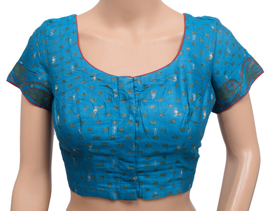 Sushila Vintage Teal Blue Stitched Sari Blouse Pure Silk Woven Designer Choli