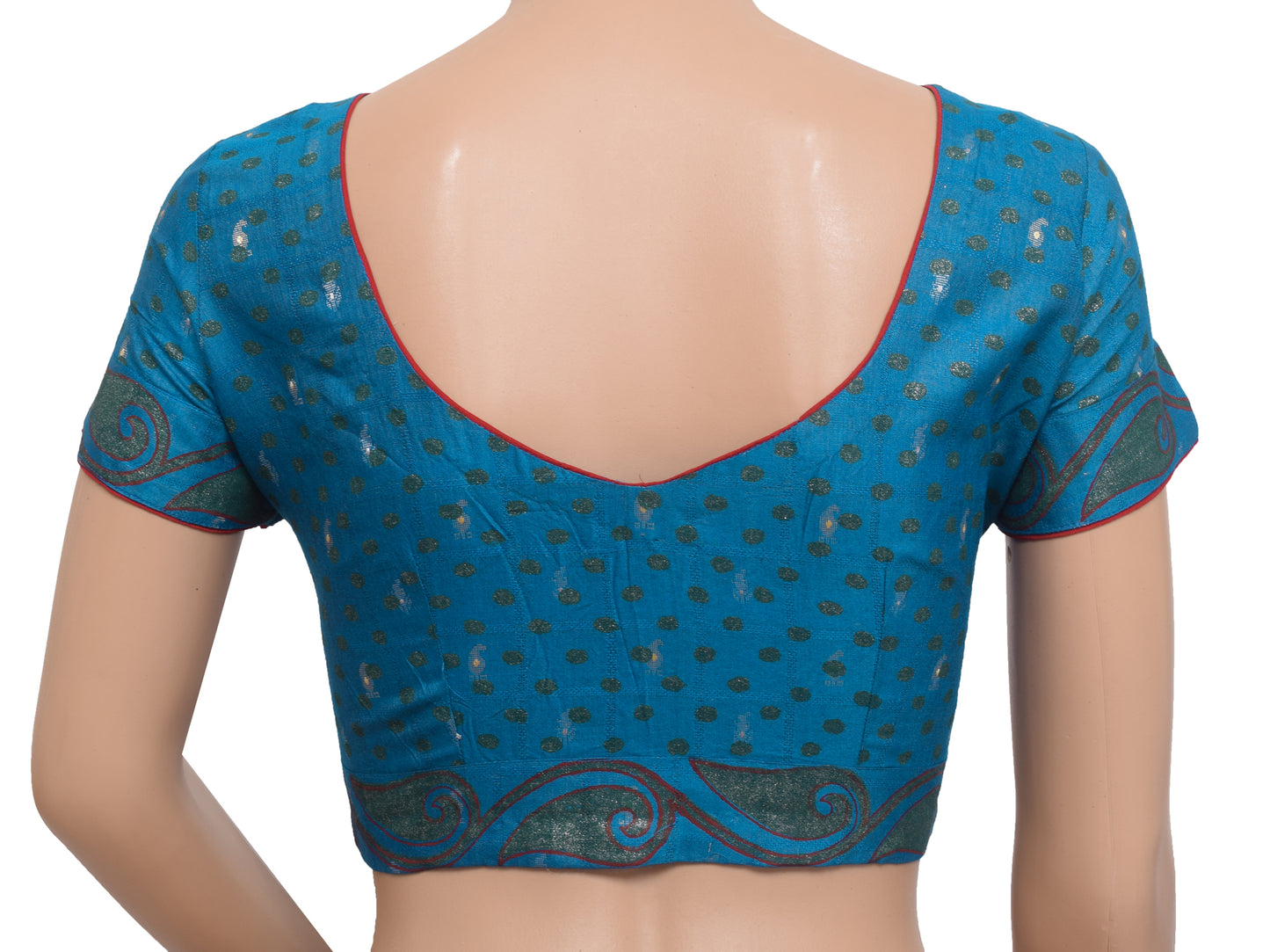 Sushila Vintage Teal Blue Stitched Sari Blouse Pure Silk Woven Designer Choli 34"