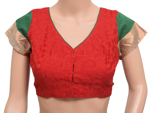 Sushila Vintage Red Silk Stitched Sari Blouse Paisley Woven Designer Choli Top