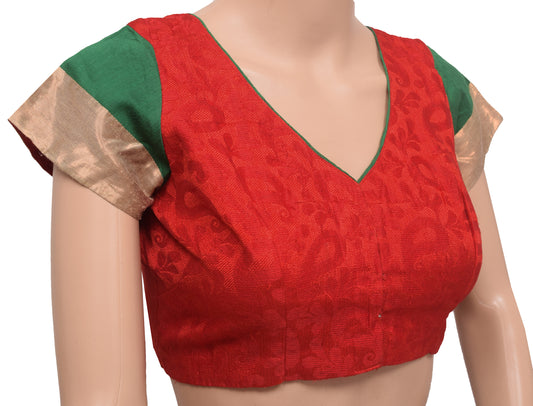 Sushila Vintage Red Silk Stitched Sari Blouse Paisley Woven Designer Choli Top 34"