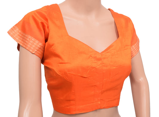 Sushila Vintage Orange Stitched Sari Blouse 42" Pure Silk Woven Designer Choli