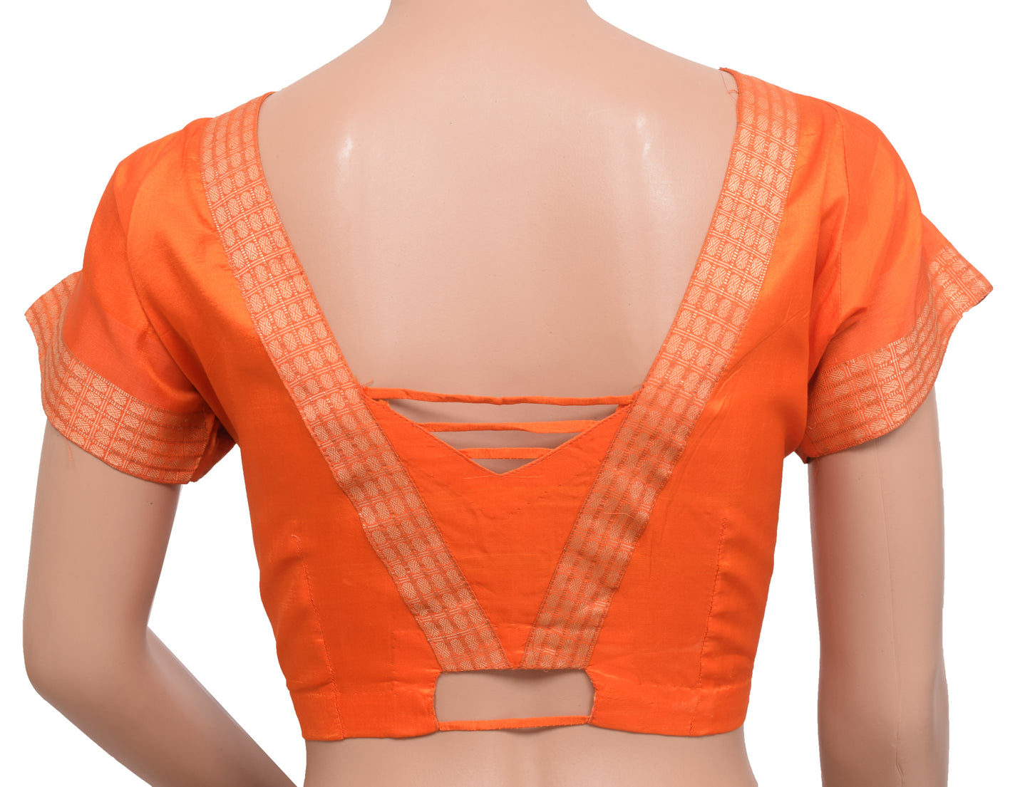Sushila Vintage Orange Stitched Sari Blouse 42" Pure Silk Woven Designer Choli
