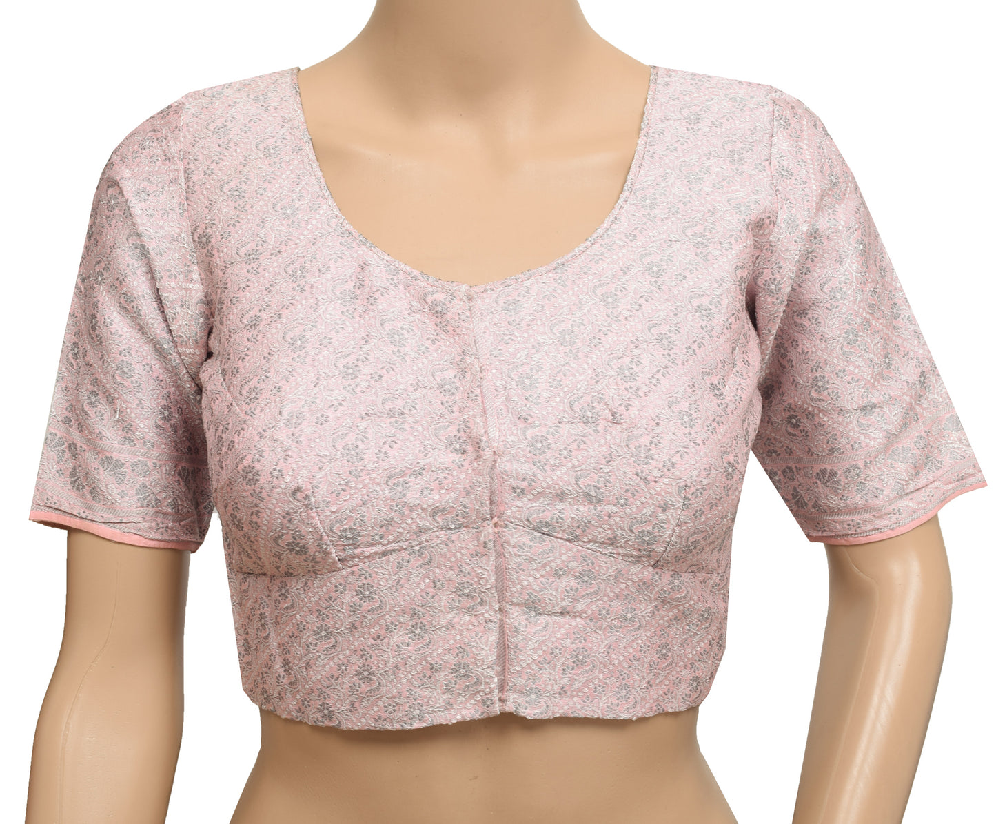 Sushila Vintage Pink Stitched Sari Blouse 32" Woven Floral Designer Choli