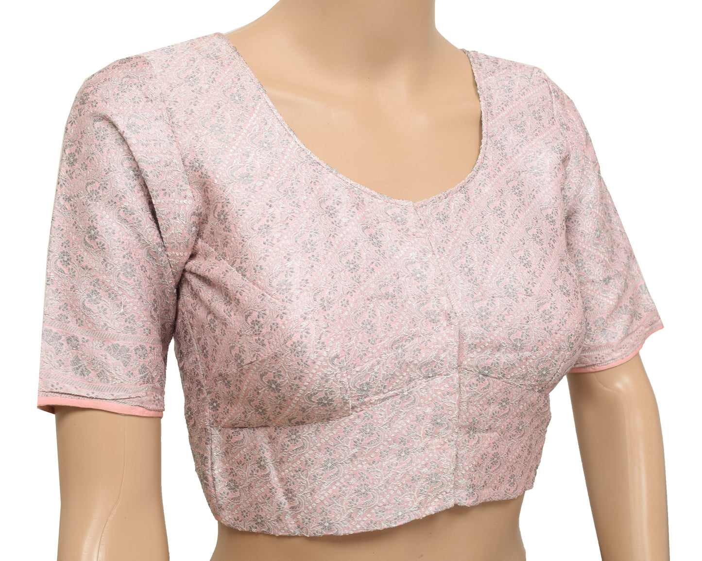 Sushila Vintage Pink Stitched Sari Blouse 32" Woven Floral Designer Choli