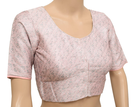 Sushila Vintage Pink Stitched Sari Blouse 32" Woven Floral Designer Choli