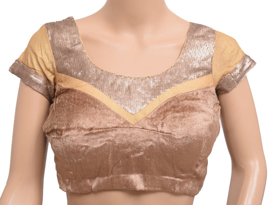 Vintage Stitched Brown Patch Work Velvet Sari Blouse Woven Designer Padded Top