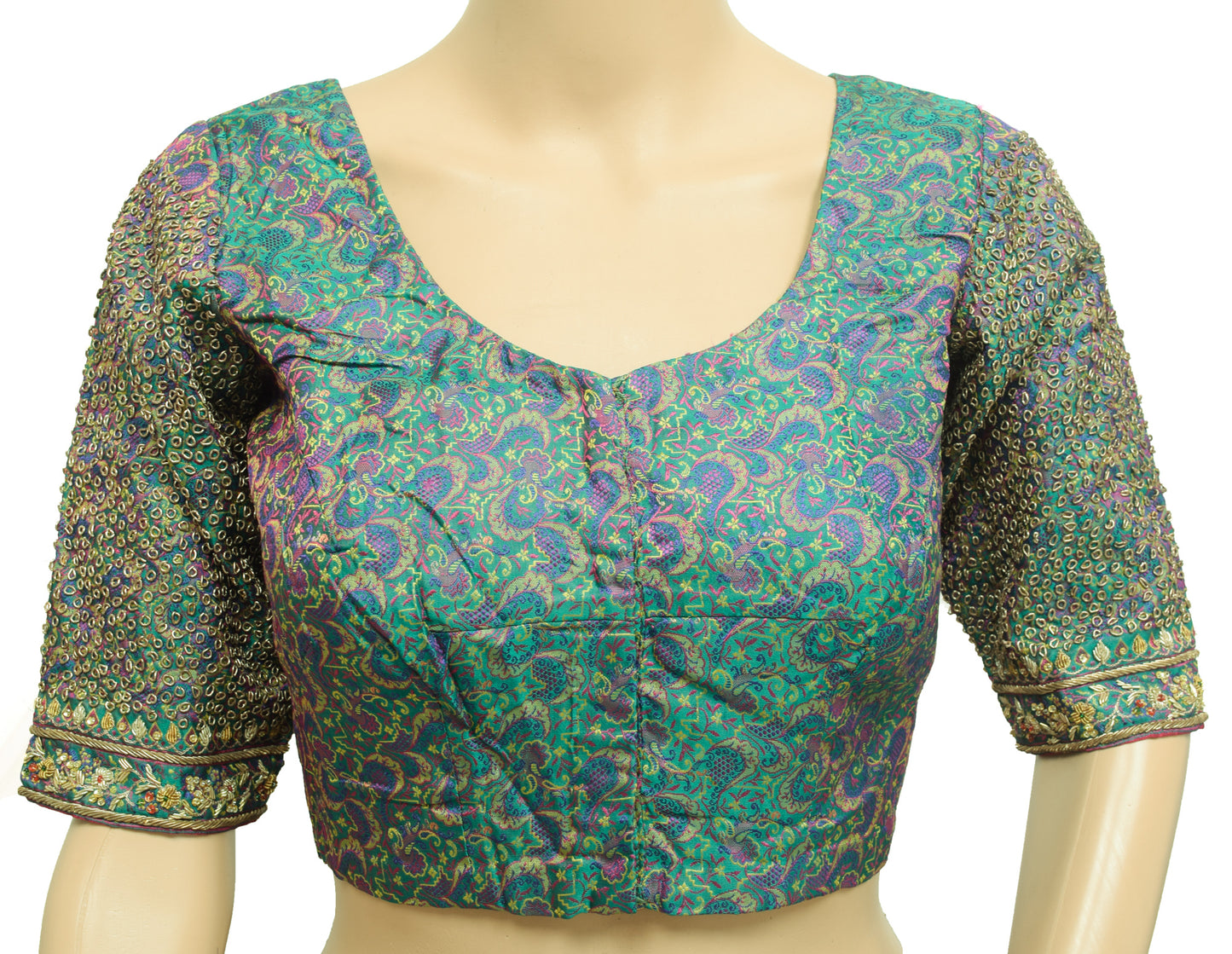 Vintage Stitched Banarasi Sari Blouse Hand Beaded Designer Green Satin Silk Top 34"