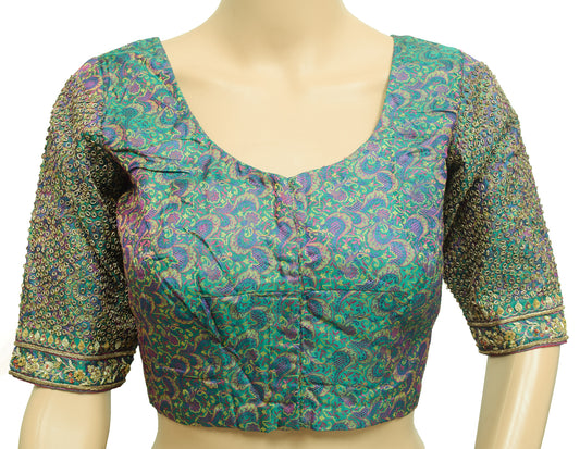 Vintage Stitched Banarasi Sari Blouse Hand Beaded Designer Green Satin Silk Top 34"