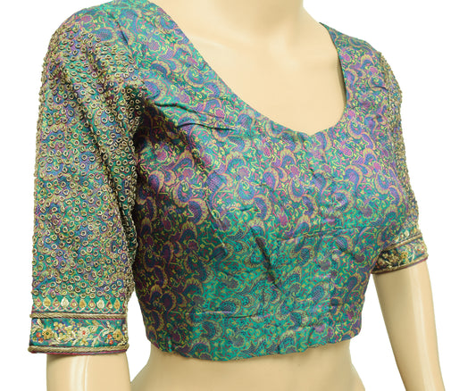 Vintage Stitched Banarasi Sari Blouse Hand Beaded Designer Green Satin Silk Top 34"