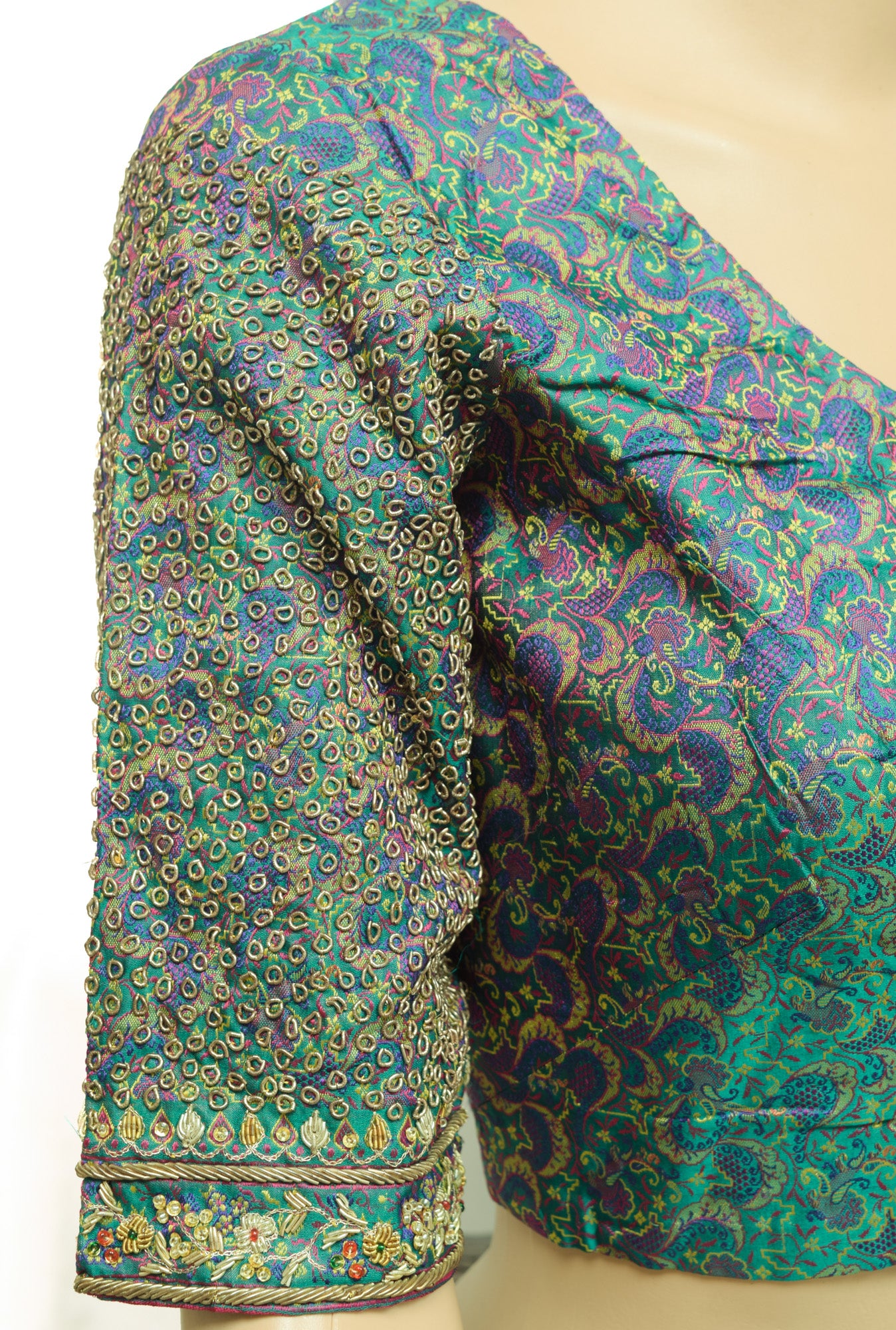 Vintage Stitched Banarasi Sari Blouse Hand Beaded Designer Green Satin Silk Top 34"