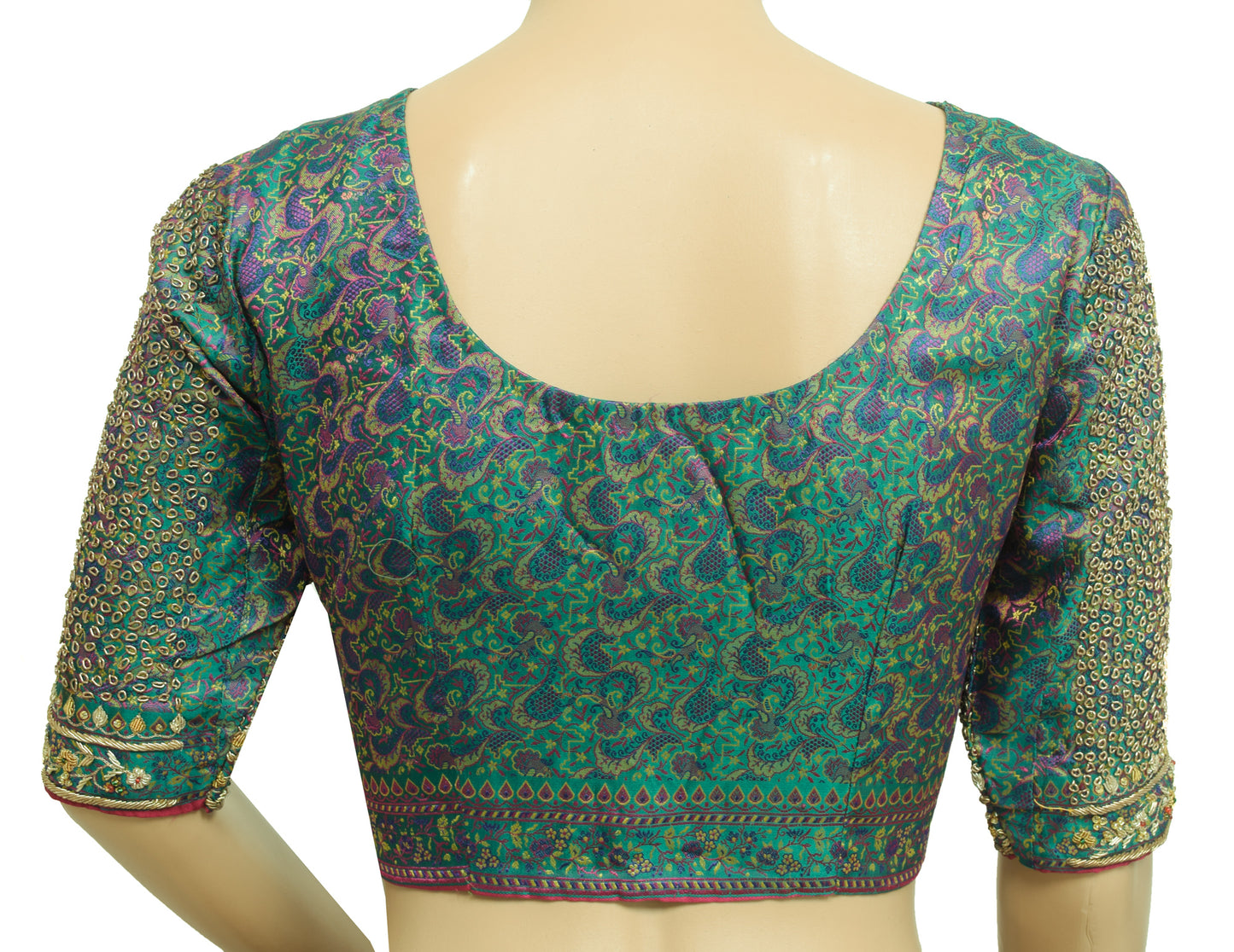 Vintage Stitched Banarasi Sari Blouse Hand Beaded Designer Green Satin Silk Top 34"