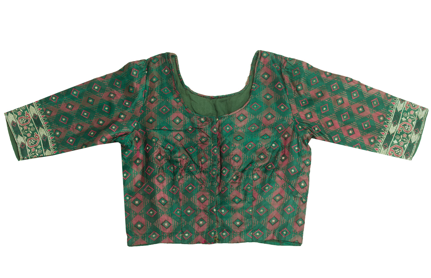 Sushila Vintage 28"Green Stitched Banarasi Sari Blouse Woven Satin Silk Choli