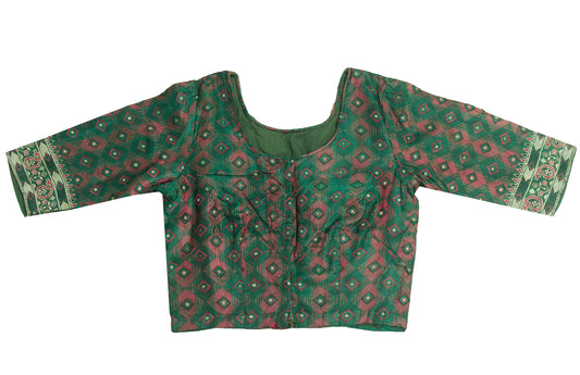 Sushila Vintage 28"Green Stitched Banarasi Sari Blouse Woven Satin Silk Choli