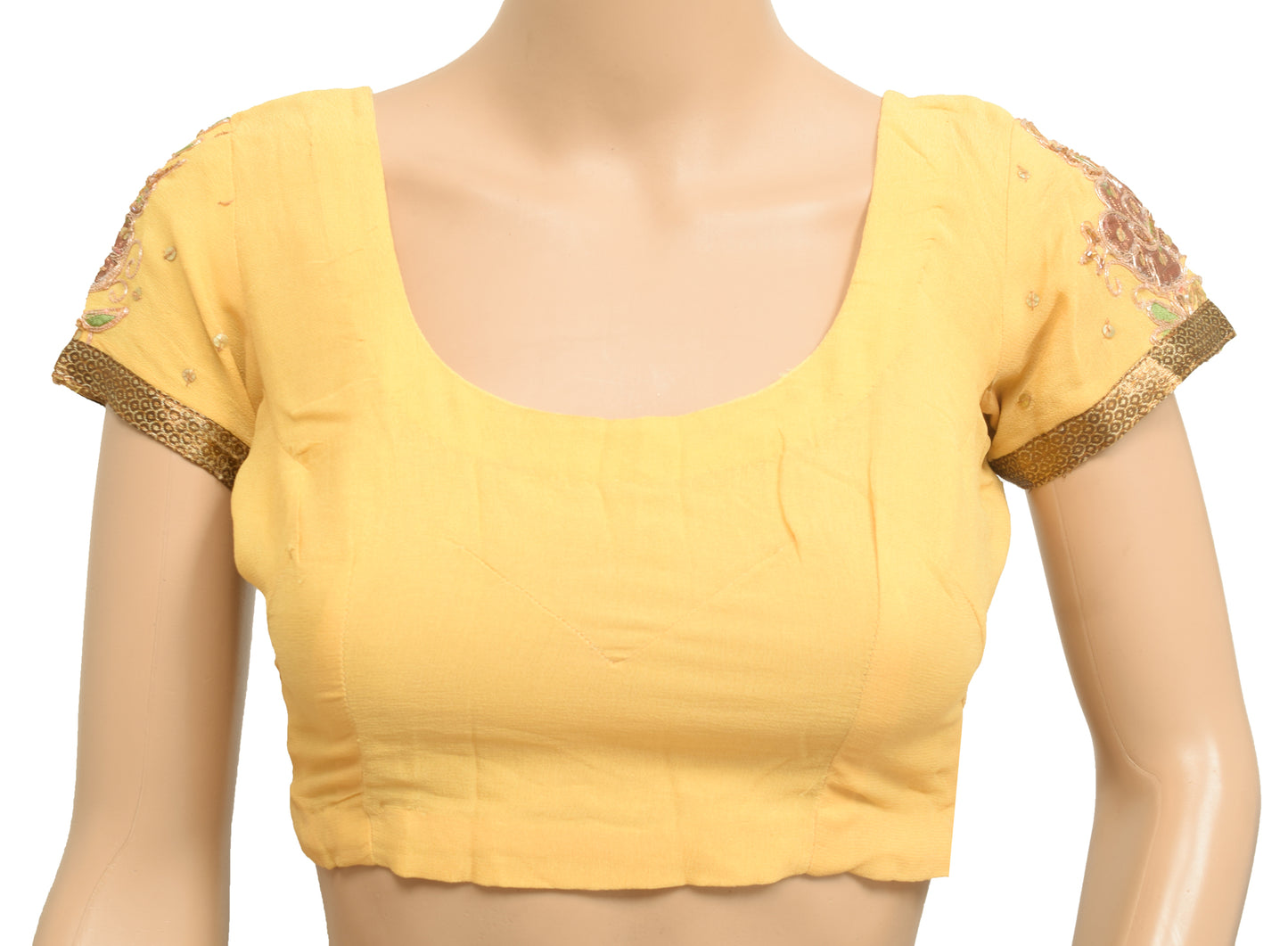 Sushila Vintage Yellow Floral Stitched Sari Blouse Georgette Sequins Beaded Top 32"