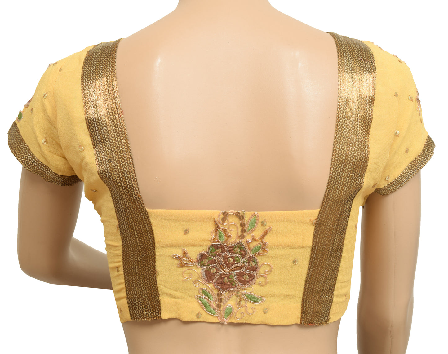 Sushila Vintage Yellow Floral Stitched Sari Blouse Georgette Sequins Beaded Top 32"