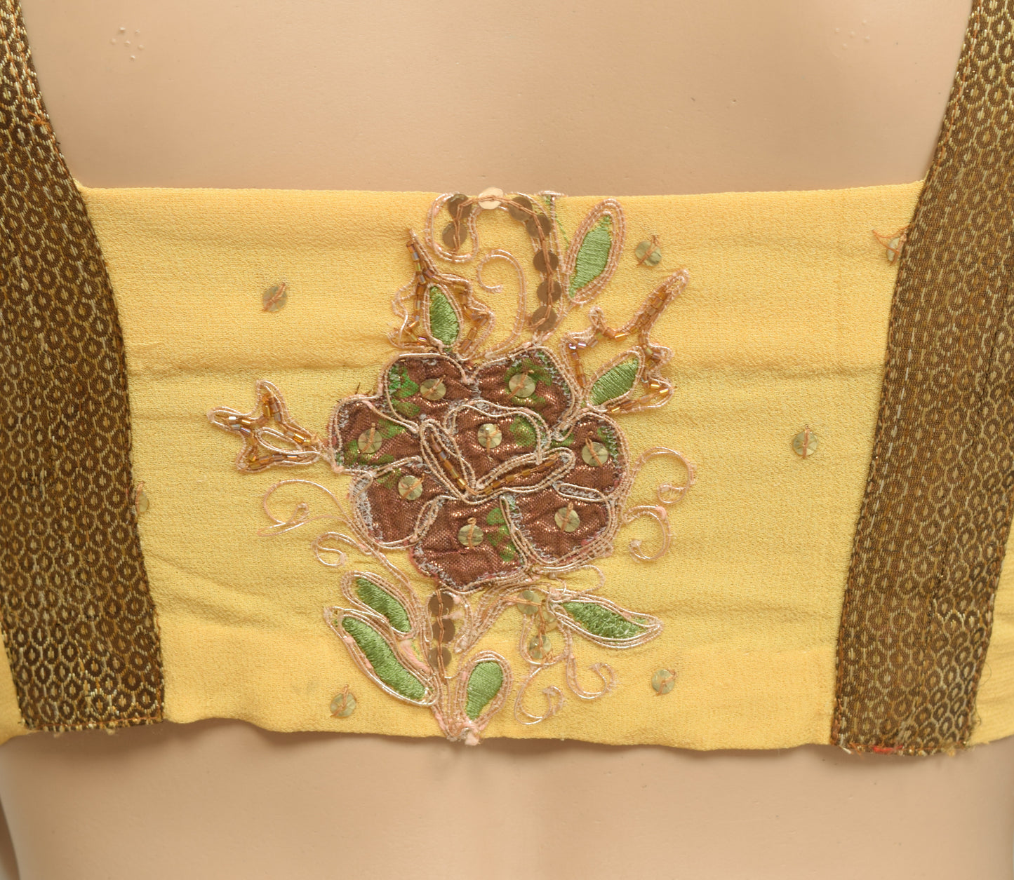 Sushila Vintage Yellow Floral Stitched Sari Blouse Georgette Sequins Beaded Top 32"