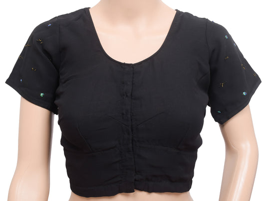 Sushila Vintage Stitched Women's Sari Blouse Woven Black Georgette Silk Choli 36"