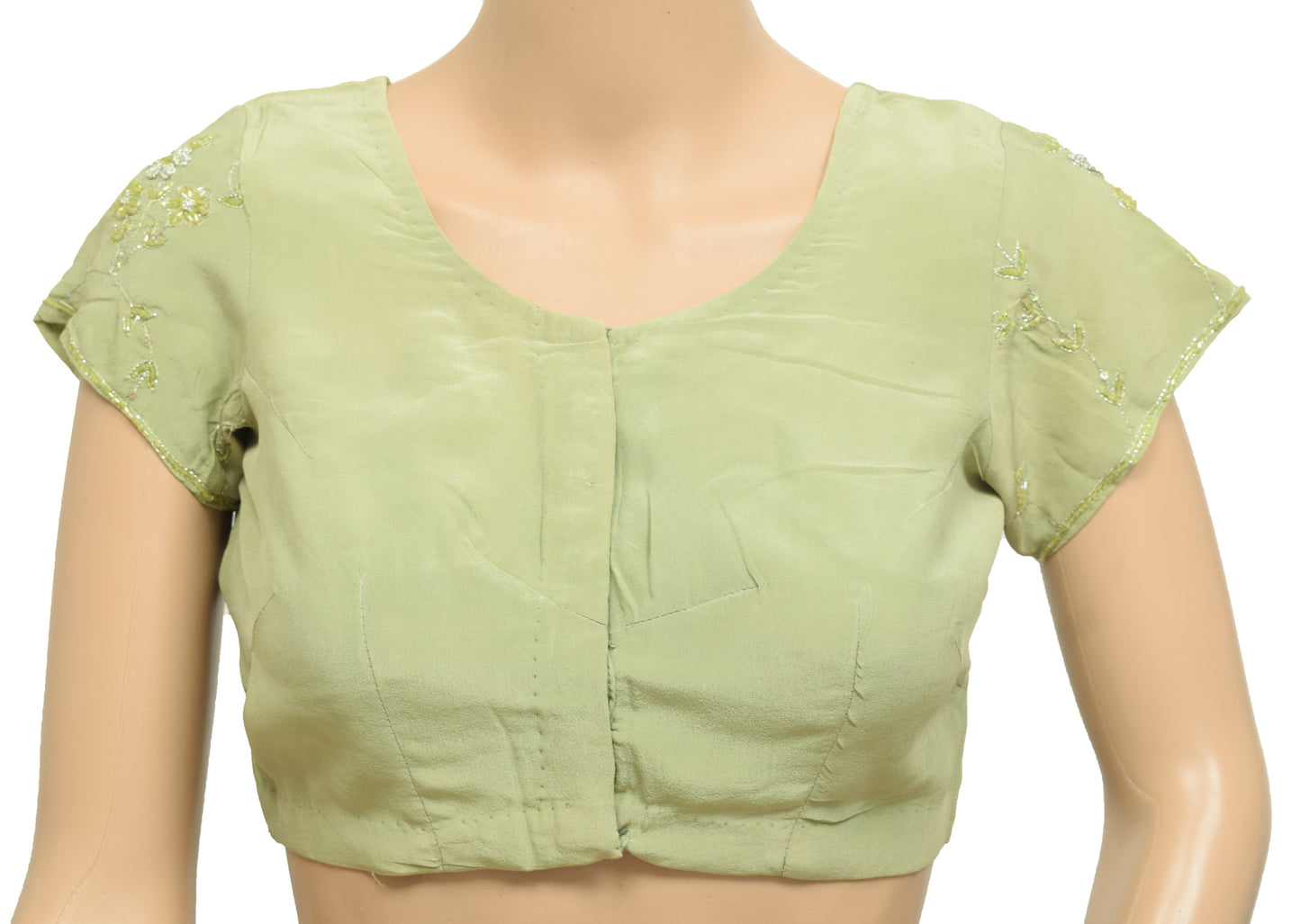 Sushila Vintage Celadon Green Stitched Sari Blouse Crepe Embroidered Floral Top 30"