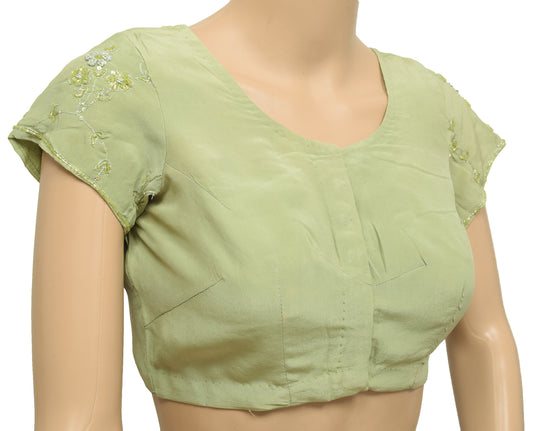 Sushila Vintage Celadon Green Stitched Sari Blouse Crepe Embroidered Floral Top 30"