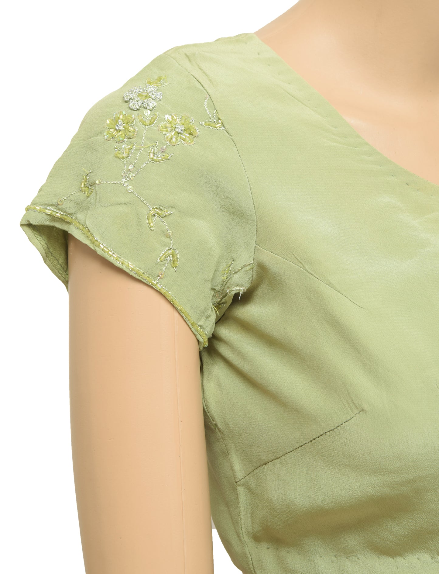 Sushila Vintage Celadon Green Stitched Sari Blouse Crepe Embroidered Floral Top 30"