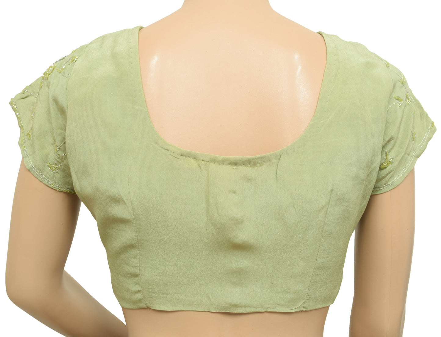 Sushila Vintage Celadon Green Stitched Sari Blouse Crepe Embroidered Floral Top 30"