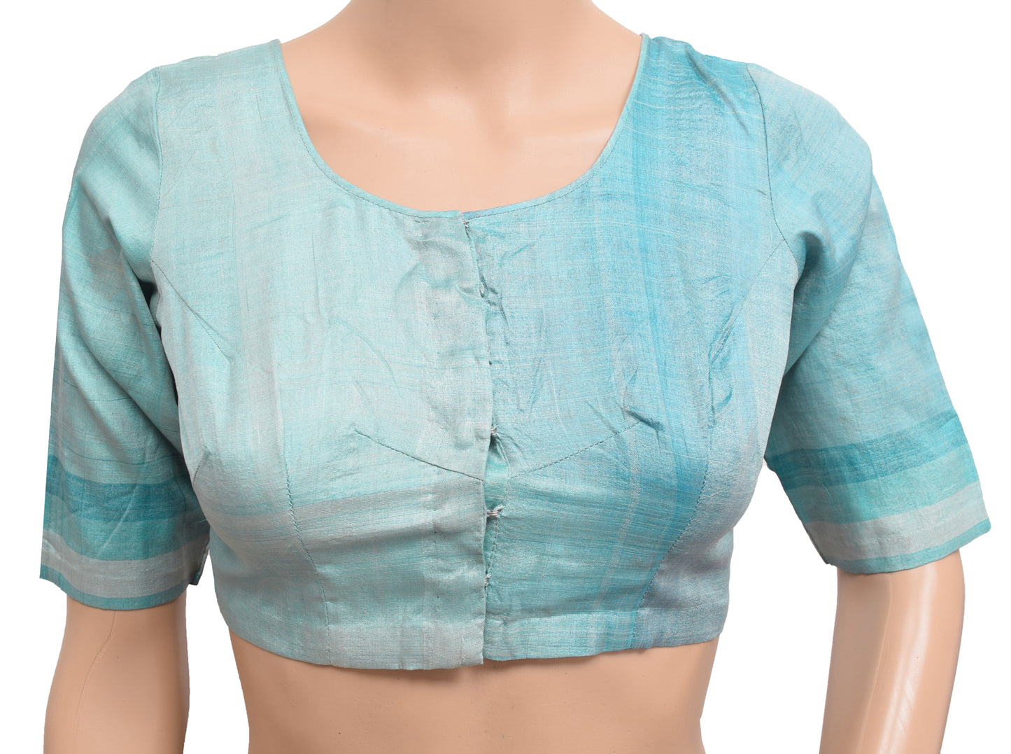 Sushila Vintage Tussar Silk Stitched Sari Blouse Printed Blue Shade 32" Top