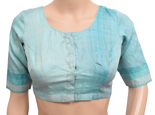 Sushila Vintage Tussar Silk Stitched Sari Blouse Printed Blue Shade Women's Top
