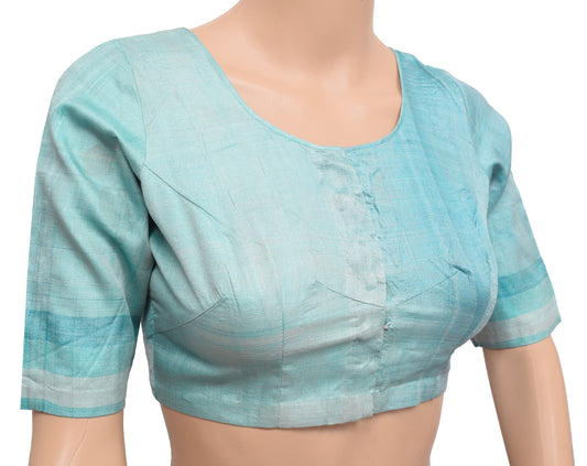 Sushila Vintage Tussar Silk Stitched Sari Blouse Printed Blue Shade 32" Top