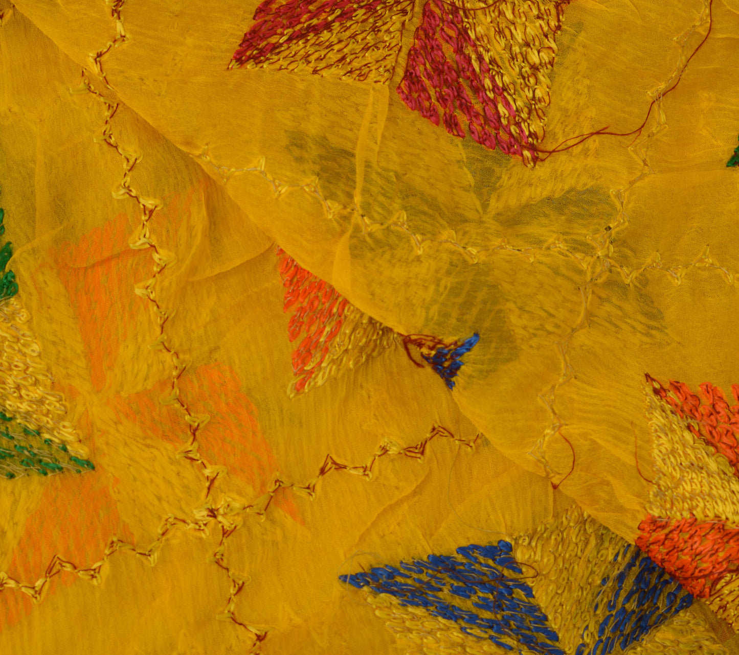 Sushila Vintage Yellow Dupatta Blend Chiffon Silk Phulkari Long Stole Scarves