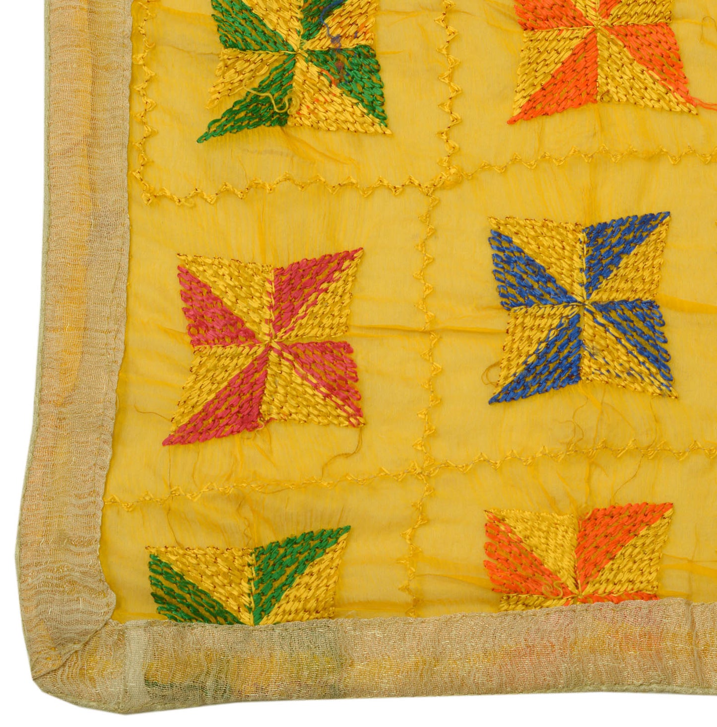 Sushila Vintage Yellow Dupatta Blend Chiffon Silk Phulkari Long Stole Scarves