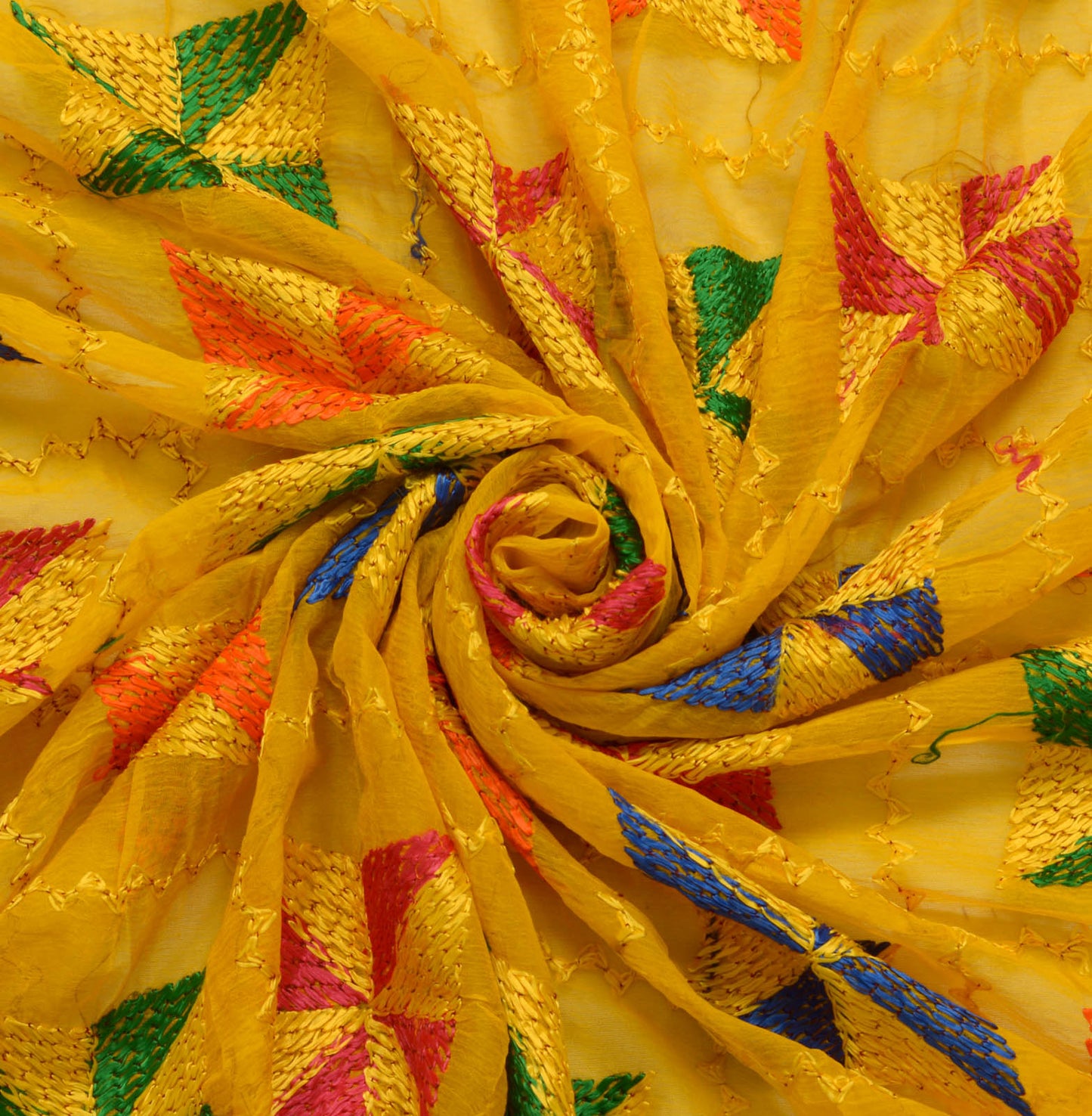 Sushila Vintage Yellow Dupatta Blend Chiffon Silk Phulkari Long Stole Scarves