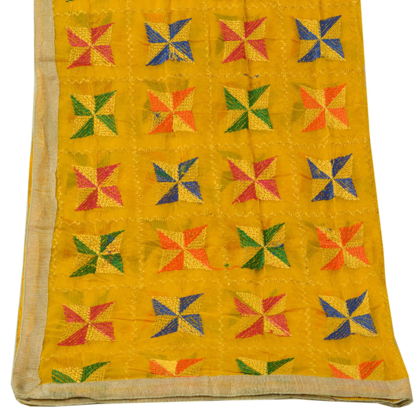 Sushila Vintage Yellow Dupatta Blend Chiffon Silk Phulkari Long Stole Scarves