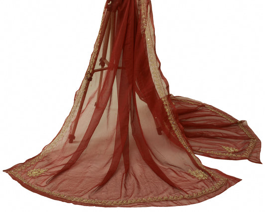 Sushila Vintage Burgundy Dupatta Pure Chiffon Silk Embroidered Beaded Long Stole