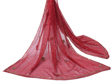 Sushila Vintage Red Dupatta Pure Chiffon Silk Sequins Embroidered Long Stole