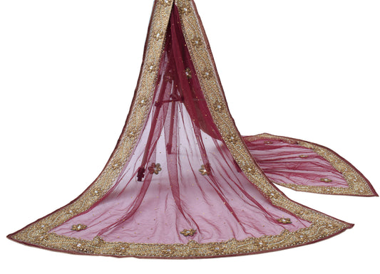 Sushila Vintage Maroon HEAVY Dupatta Net Mesh Embroidered Beaded Long Stole