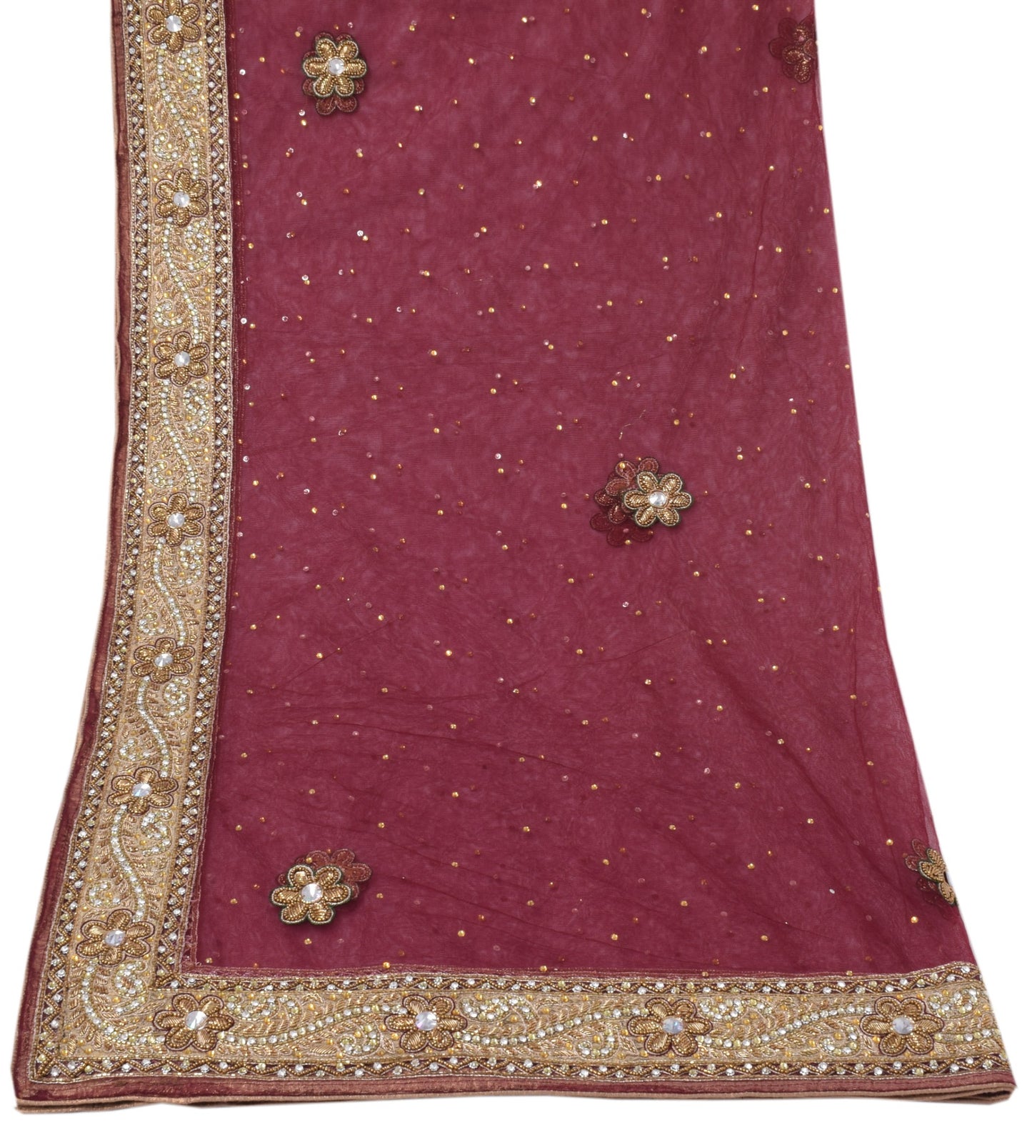 Sushila Vintage Maroon HEAVY Dupatta Net Mesh Embroidered Beaded Long Stole