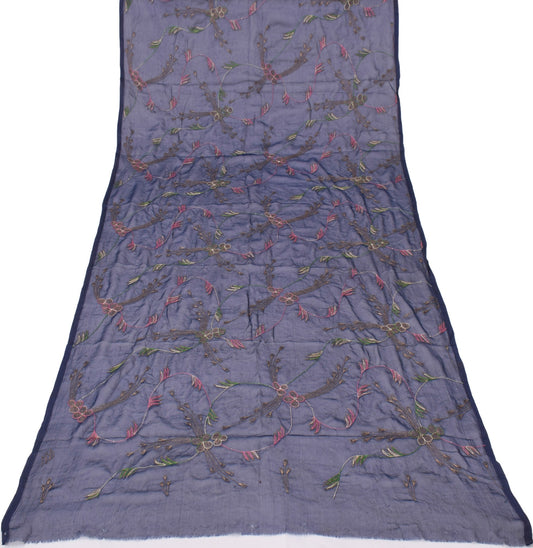 Sushila Vintage Dark Blue Dupatta Blend Chiffon Silk Embroidered Long Stole Veil