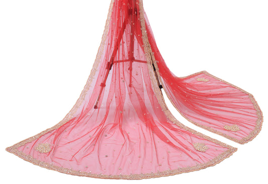 Sushila Vintage Red Dupatta Net Hand Beaded Zardozi Work Indian Long Stole Veil