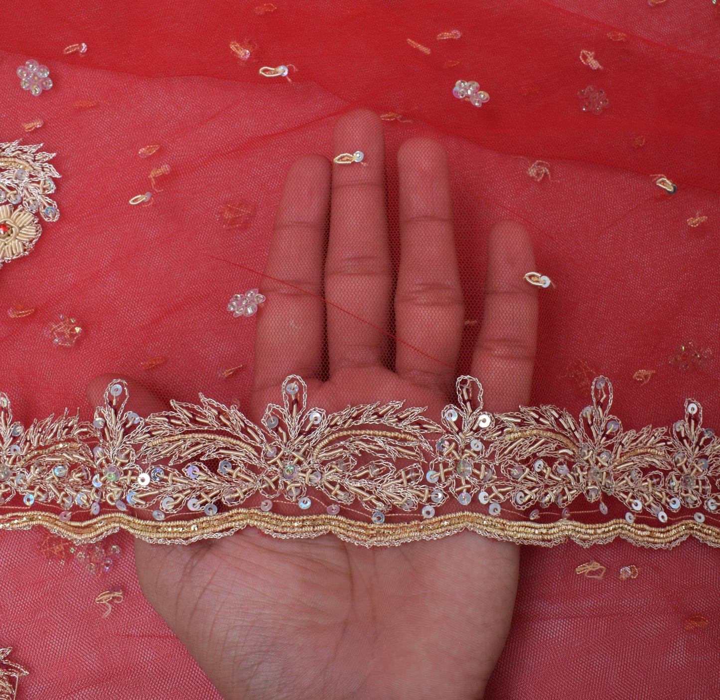 Sushila Vintage Red Dupatta Net Hand Beaded Zardozi Work Indian Long Stole Veil